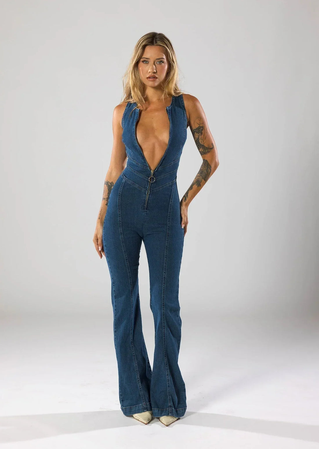 Lucie Backless Heart denim jumpsuit Blue